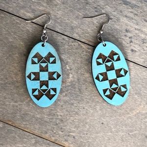 Long Oval Wood Stained & Laser Cut Aztec Tribal Patterned Large Dangle Earrings